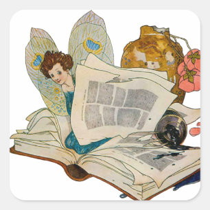 Oude Boekenwurm Fee Leest Illustratie Vierkante Sticker