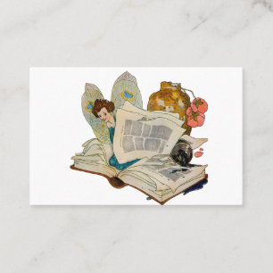 Oude Boekenwurm Fee Leest Illustratie Visitekaartje
