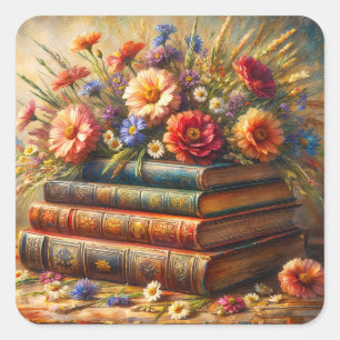 Oude Boekstapel Bloem Kunst Vierkante Sticker