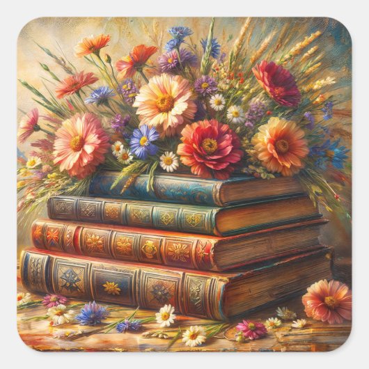 Oude Boekstapel Bloem Kunst Vierkante Sticker (Voorkant)