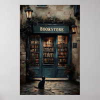 Oude Boekwinkel En Kat Print, Boek Kat Liefhebber