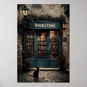 Oude Boekwinkel En Kat Print, Boek Kat Liefhebber Poster