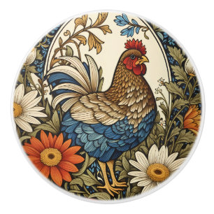 Oude boerderij kip en madeliefjes keramische knop