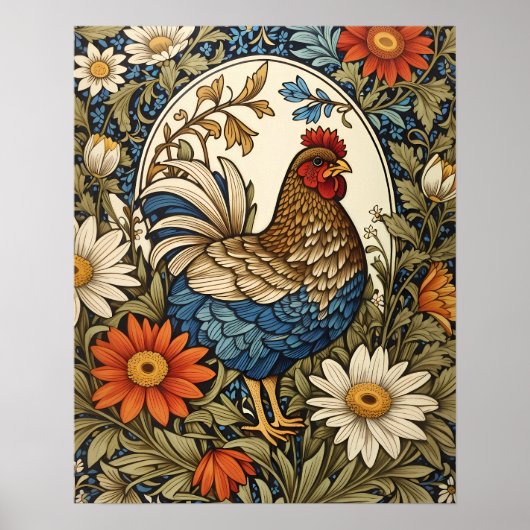 Oude boerderij kip en madeliefjes poster (Voorkant)