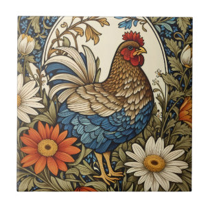 Oude boerderij kip en madeliefjes tegeltje