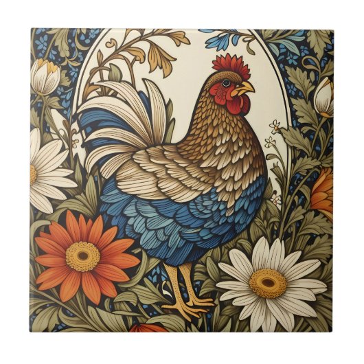 Oude boerderij kip en madeliefjes tegeltje (Voorkant)