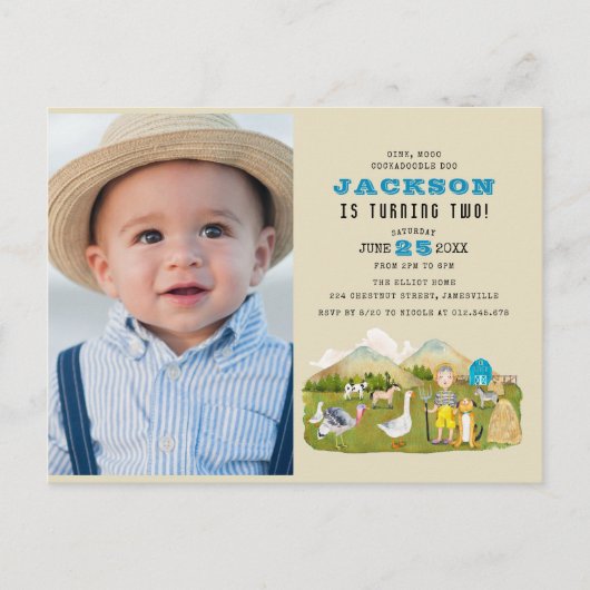 Oude boerderijdieren foto 2e verjaardag uitnodiging briefkaart (Voorkant)