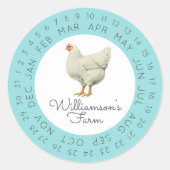 Oude boerderijhen omcirkeld datum eierdoos blauw ronde sticker (Voorkant)