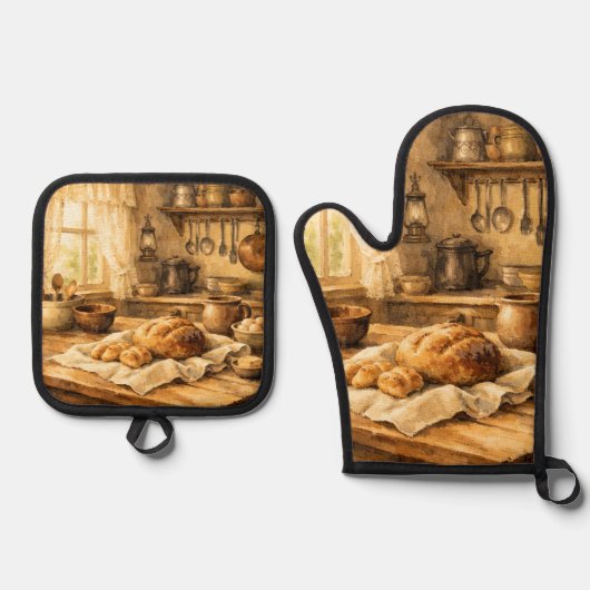 Oude boerderijkeuken schort ovenwant & pannenlap set (Voorkant)