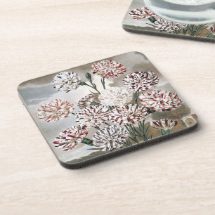 Oude bonte anjerbloemen met grijze lucht bier onderzetter