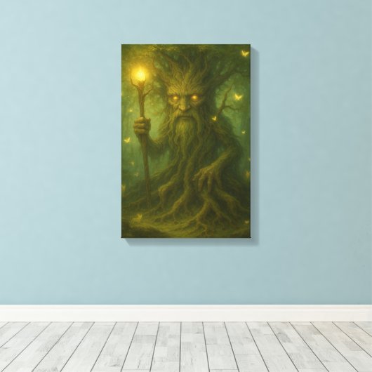 Oude boom bewaker met gloeiende ogen en personeel canvas afdruk (Insitu (Houten vloer))