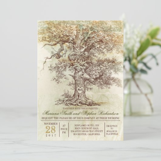  oude boom rustieke bruiloft uitnodiging (Staand voorkant)