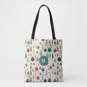 Oude Boomornamenten Patroon Retro Kerstmis Tote Bag