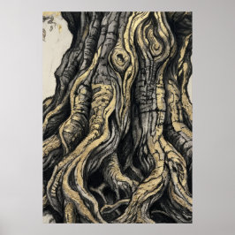 Oude Boomstam Ets Poster | Gedetailleerde Natuur