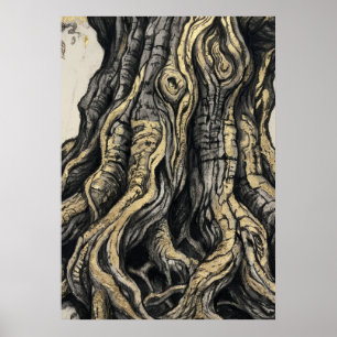 Oude Boomstam Ets Poster Gedetailleerde Natuur
