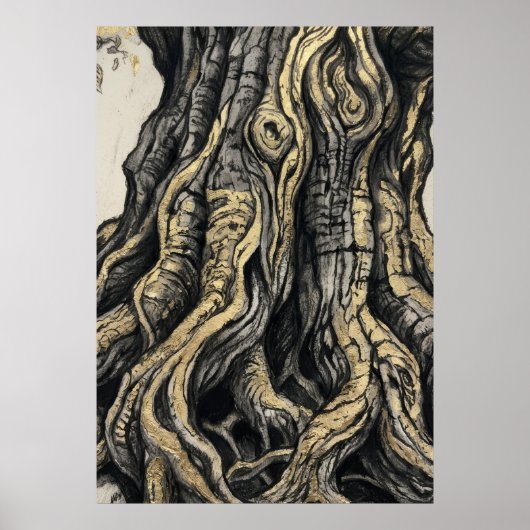 Oude Boomstam Ets Poster | Gedetailleerde Natuur (Voorkant)
