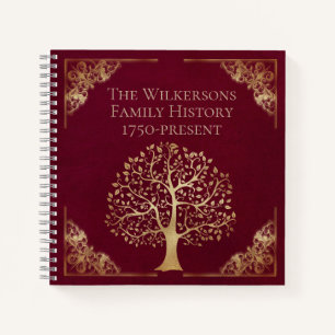 Oude bordeauxrode en gouden stamboom genealogie notitieboek