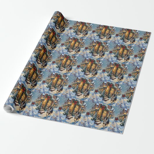 Oude Border Collie Besneeuwd Dorp Kerstmis Cadeaupapier (Uitgerold)