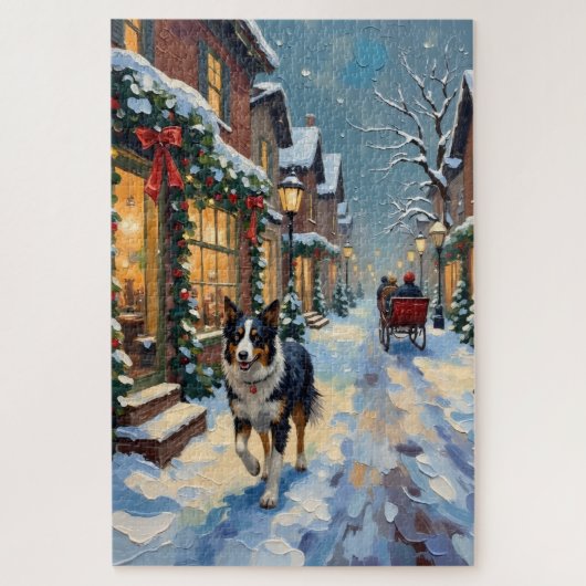 Oude Border Collie Besneeuwd Dorp Kerstmis Legpuzzel (Verticaal)