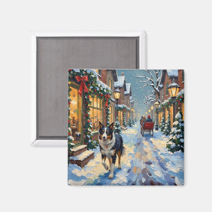 Oude Border Collie Besneeuwd Dorp Kerstmis Magneet