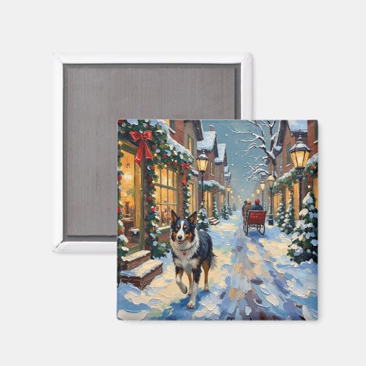 Oude Border Collie Besneeuwd Dorp Kerstmis Magneet (Voorkant / Achterkant)