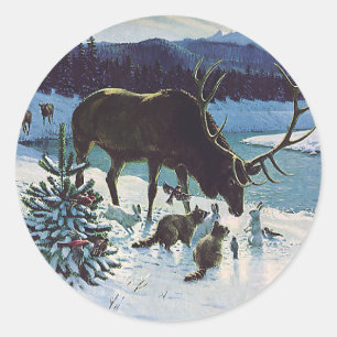 Oude bosdieren en elanden in wintersneeuw ronde sticker
