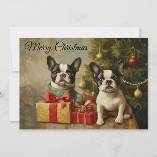 Oude Boston Terrier Honden Prettig Kerstmis Feestdagenkaart (Voorkant)