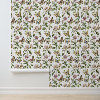 Oude botanische bloem met vlinder behang