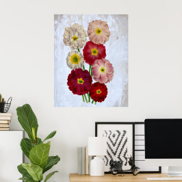 Oude botanische bloemen rozen rood roze op blauw poster