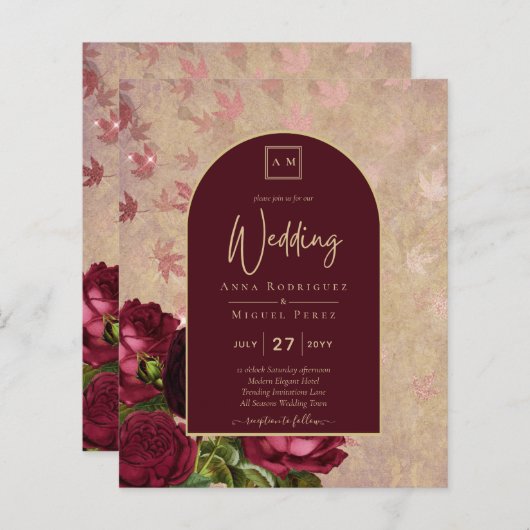 Oude botanische dieprode rozen trouw gouden tekst (Voorkant / Achterkant)