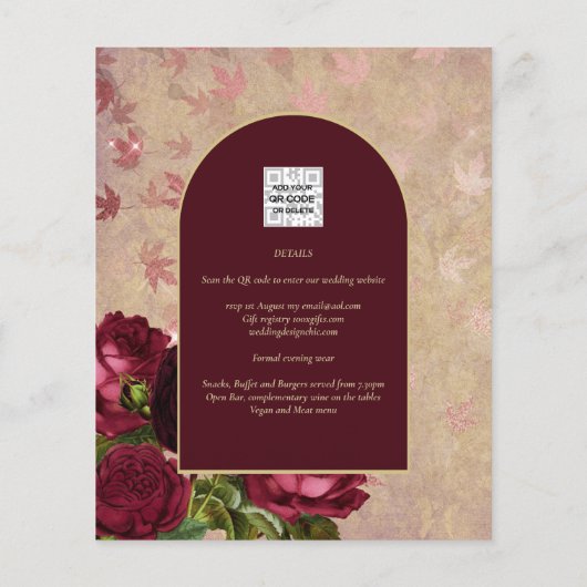 Oude botanische dieprode rozen trouw gouden tekst (Achterkant)