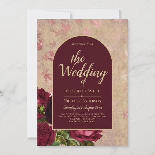 Oude botanische dieprode rozen trouwen gouden teks kaart (Voorkant)
