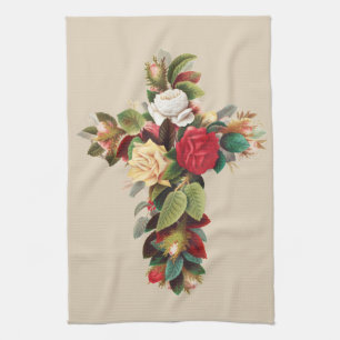 Oude botanische kruis van rozen religieuze kunst theedoek