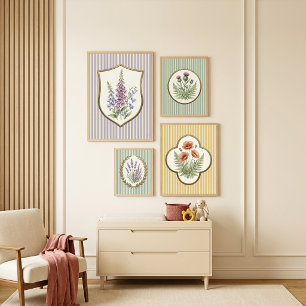 Oude botanische rode klaprozen en varen geel gestr poster