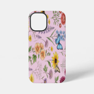 Oude botanische wilde bloem- en vlinderpatroon iPhone 12 mini hoesje