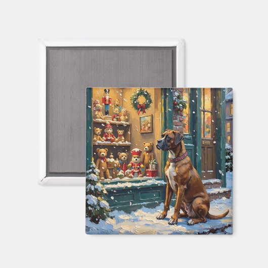 Oude Boxerhond bij kerstspeelgoedwinkelraam Magneet (Voorkant / Achterkant)