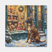 Oude Boxerhond bij kerstspeelgoedwinkelraam Magneet (Voorkant)