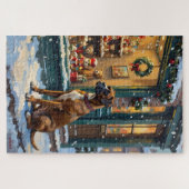 Oude Boxerhond bij kerstspelgoedwinkelruit Legpuzzel (Horizontaal)