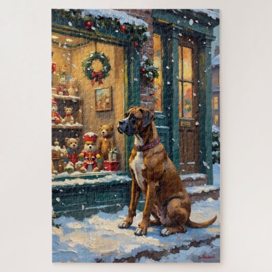 Oude Boxerhond bij kerstspelgoedwinkelruit Legpuzzel (Verticaal)