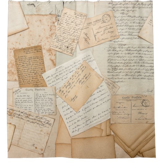 Oude brieven, handtekeningen, briefkaarten, e douchegordijn (Voorkant)