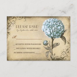 Oude bruiloft RSVP kaart met blauwe pioenenroos bl