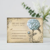 Oude bruiloft RSVP kaart met blauwe pioenenroos bl (Staand voorkant)