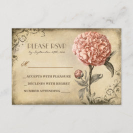 Oude bruiloft RSVP kaart met roze pioenenroos bloe