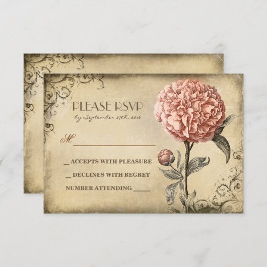 Oude bruiloft RSVP kaart met roze pioenenroos bloe (Voorkant / Achterkant)