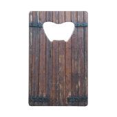 Oude bruine houten deuren met zwarte ijzersteunen creditkaart flessenopener (Voorkant)