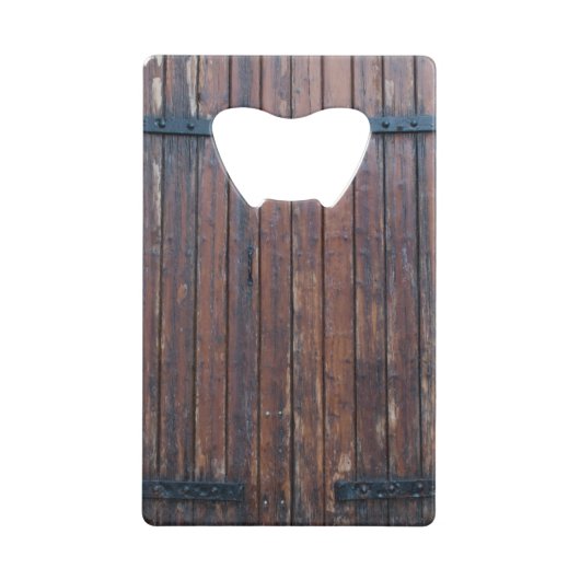 Oude bruine houten deuren met zwarte ijzersteunen creditkaart flessenopener (Achterkant)