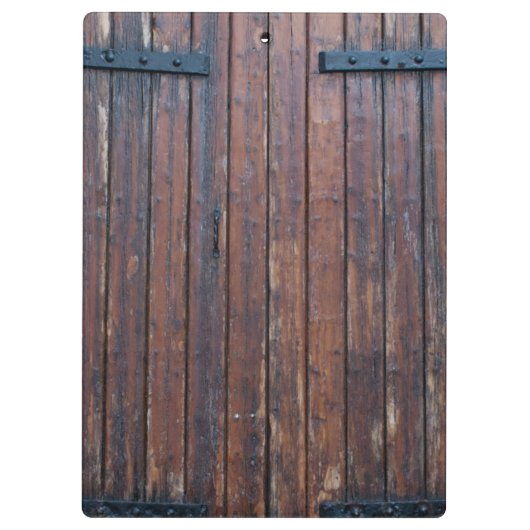 Oude bruine houten deuren met zwarte ijzersteunen klembord (Achterkant)