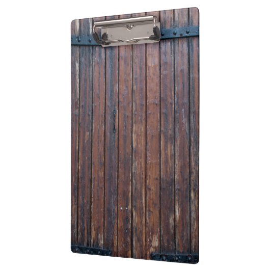 Oude bruine houten deuren met zwarte ijzersteunen klembord (Links)