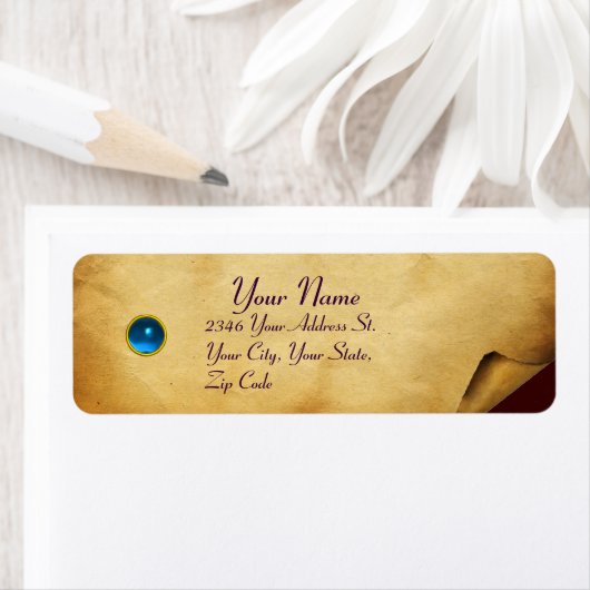 OUDE BRUINE PERKAMENT, EDELSTEEN ETIKET (Insitu)