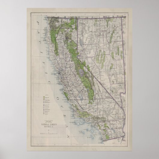Oude California Forest Reserves Map (1918) Poster (Voorkant)